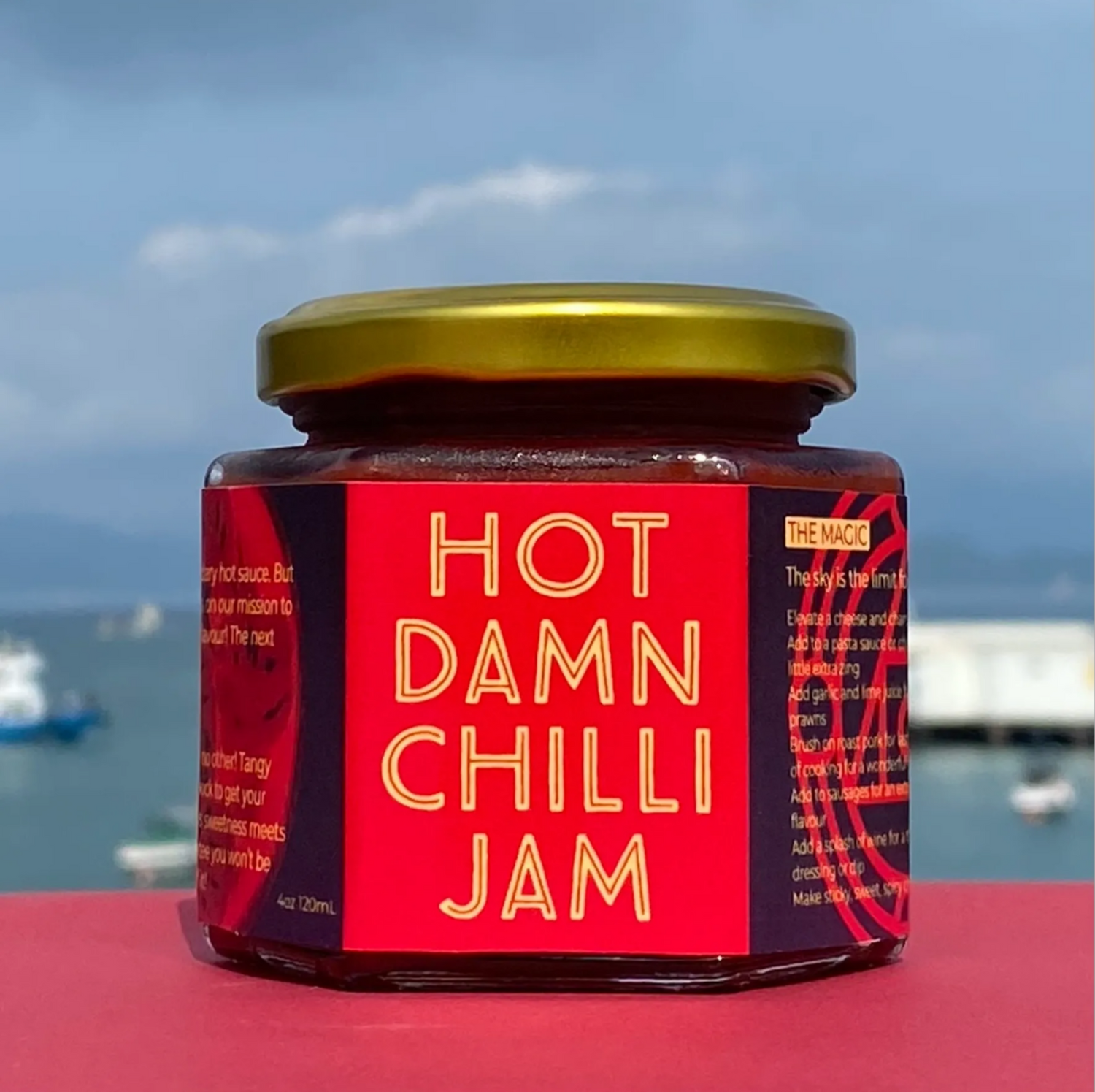 A jar of Hot Damn Chilli Jam on the roof in Lamma