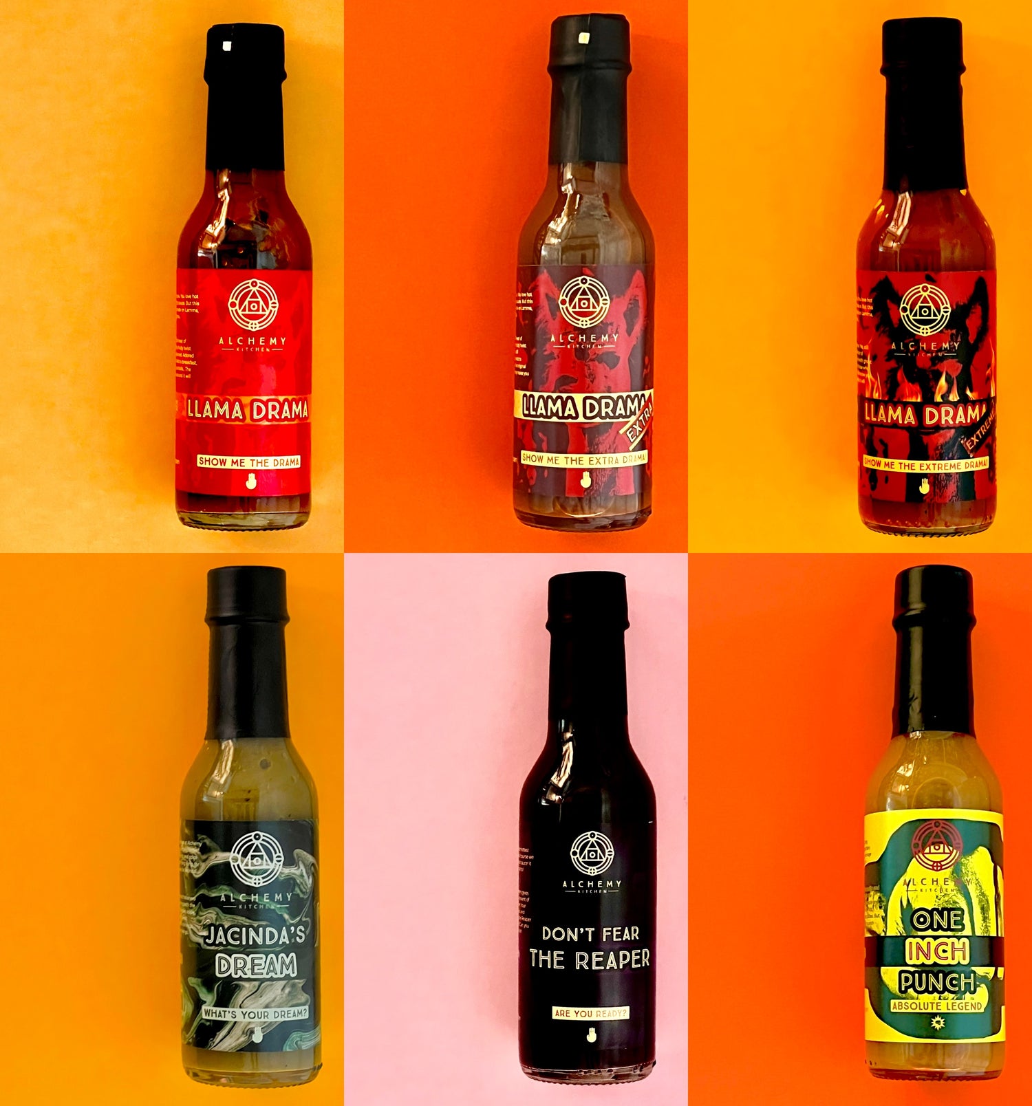 A selection of six Alchemy Kitchen hot sauces