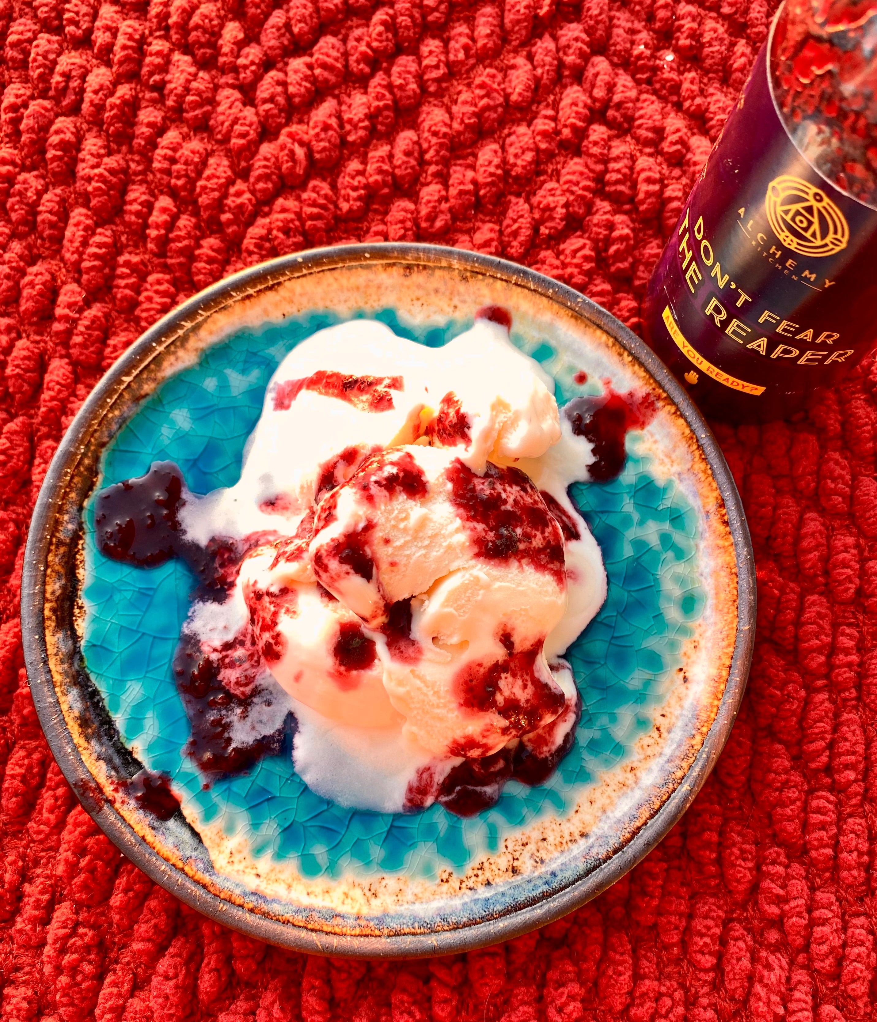 Blueberry cake and ice cream with Alchemy Kitchen Don't Fear the Reaper dessert hot sauce