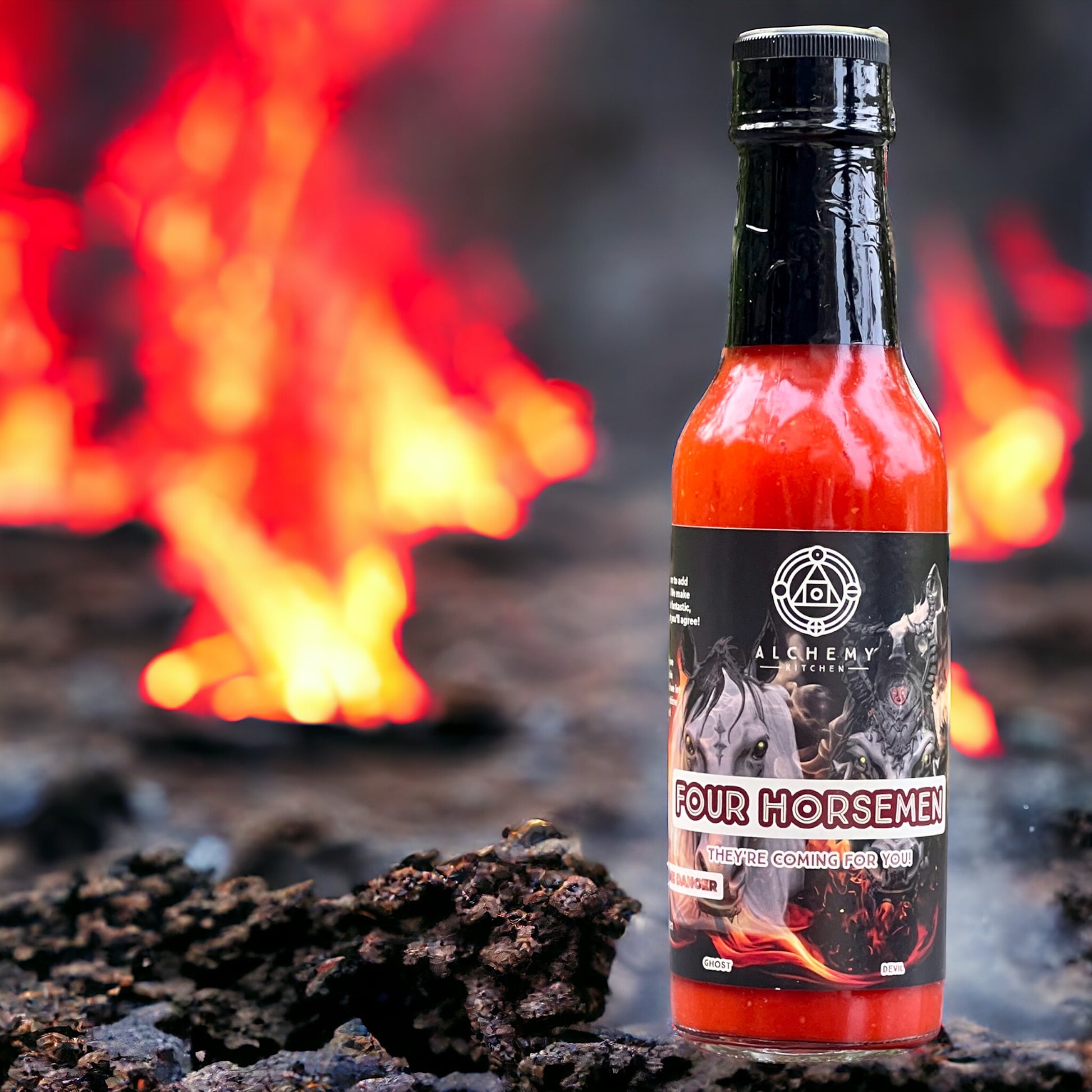 bottle of alchemy kitchen four horsemen with fire and lava background