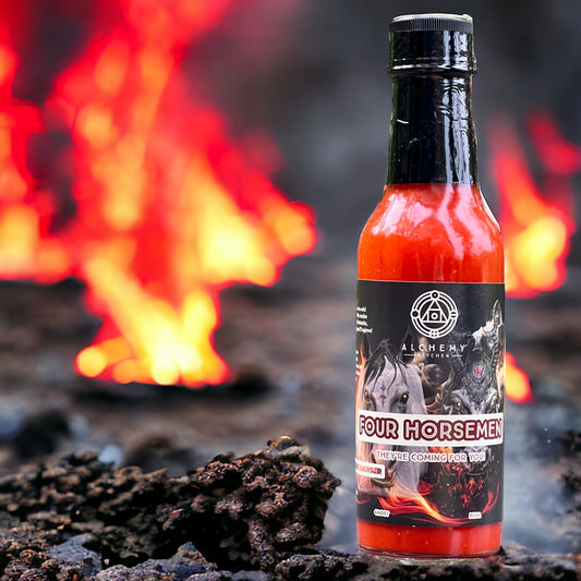 bottle of alchemy kitchen four horsemen with fire and lava background